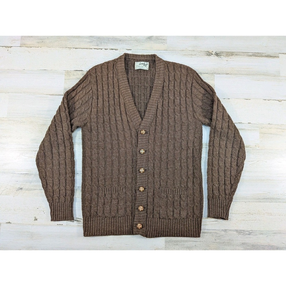 Vintage Lord Jeff Mens Brown Orlon Cable Knit Cardigan Sweater Fits Medium XL